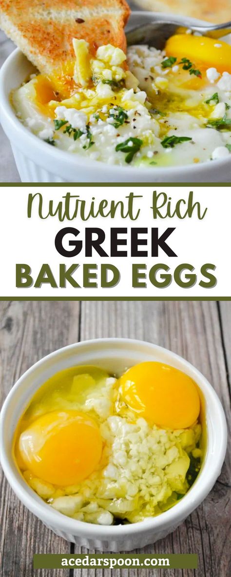 This Greek baked eggs recipe is a healthy and delicious way to enjoy your favorite breakfast dish. Filled with nutrient rich eggs, salty feta cheese, red onion, spinach and artichoke hearts, this simple meal can be adapted to suit your own taste preferences, making it the perfect dish for any time of day. Give this easy recipe a try today! Best Breakfast Healthy, Essen, Baked Eggs With Spinach And Feta, Spinach Artichoke Eggs, Main Course Egg Dishes, Light Lunch Recipes Easy, Heart Health Breakfast, Spinach Baked Eggs, Eggs With Artichokes