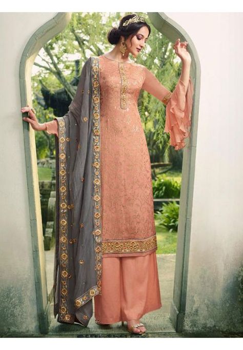 Peach Indian Outfit, Wedding Palazzo, Embroidery Hand Work, Palazzo Kurta, Indian Wedding Lehenga, Salwar Dress, Kurta Design, Palazzo Suit, Salwar Kamiz