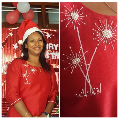 Christmas theme kurti Theme Dresses, Simple Kurta, Churidhar Neck Designs, Churidhar Designs, Salwar Neck Designs, Hand Embroidery Dress, Simple Kurta Designs, Beads Work, Theme Dress