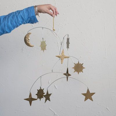 Celestial Mobile, Metal Mobile, Felt Flower Garland, Moon Mobile, Moon Silhouette, Astrology Stars, Whimsical Nursery, Hanging Stars, Star And Moon