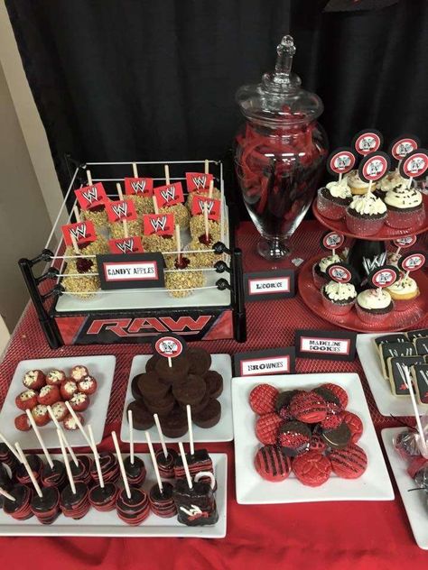 Leilani's WWE birthday party  | CatchMyParty.com Wwe Birthday Party Ideas, John Cena Birthday, Boxing Theme Party Ideas, Wrestling Birthday Cakes, Wwe Birthday Cakes, Wwe Cake, Wrestling Birthday Parties, Wwe Birthday Party, Wrestling Birthday