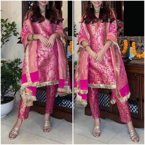 Banarsi Pant Suit, Pink Dupatta Combination Suit, Suit Design With Banarsi Dupatta, Brocade Pakistani Suits, Pink Brocade Suit, Pink Banarasi Suit, Brocade Indian Suits, Brocade Kurta Set, Banarsi Outfit Ideas