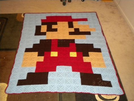 Picture of 8-Bit Mario Blanket - Made From Granny Squares Patchwork, Amigurumi Patterns, Gamers House, Mario Blanket, Mario Quilt, Crochet Super Mario, Mario Crochet, Granny Square Haken, Crochet Granny Square Blanket