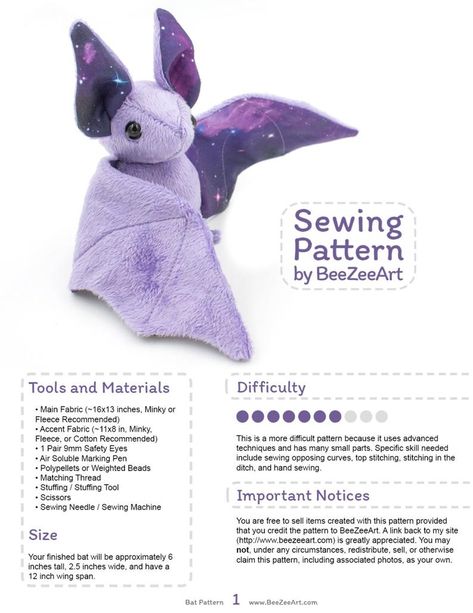 Stuffed Animal Bat Sewing Pattern Plush Toy Pattern PDF | Etsy Sew Ins, Bat Sewing, Tips Menjahit, Kule Ting, Diy Sy, Sew Projects, Bat Pattern, Animal Sewing Patterns, Sewing Stuffed Animals