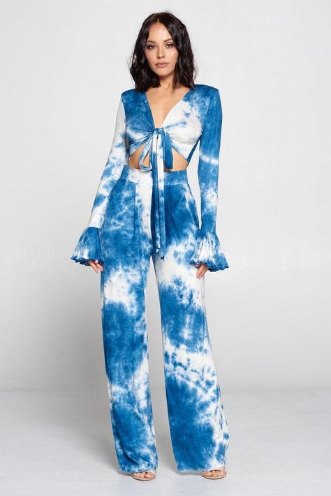 This Tie-Dye Self Tie Cropped Top is a must-have. It has Long Bell Sleeves and High Rise Palazzo Pants RAYON 96% SPANDEX 4% Tie Dye Traditional Outfits, Tie Dye Garments, Tie Died Outfits, Top And Wide Leg Pants, Tie Dye Set, Tie Dye Pants, Tie Dye Crop Top, Tie Dye Colors, Top And Pants Set