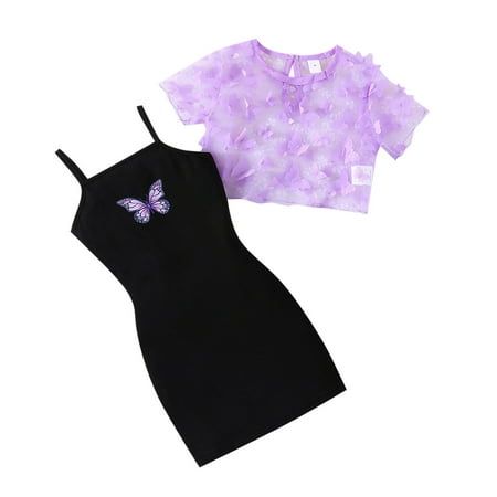 Litter Girl's 2 Piece Outfits Short Sleeve Mesh Sheer Butterfly Crop Top and Cartoon Print Camisole Dress Set : cotton blend Size chart: Size:4Y Recommended age:4-5 Years Bust:56cm/22.05'' Dress Length:54cm/21.26'' Tops Length:28cm/11.02'' Size:5Y Recommended age:5-6 Years Bust:59cm/23.23'' Dress Length:58cm/22.83'' Tops Length:30cm/11.81'' Size:6Y Recommended age:6-7 Years Bust:62cm/24.41'' Dress Length:62cm/24.41'' Tops Length:32cm/12.60'' Size:7Y Recommended age:7-8 Years Bust:65cm/25.59'' Dress Length:66cm/25.98'' Tops Length:34cm/13.39'' Color: Purple.  Gender: female.  Age Group: kids. School Outfits For 3rd Graders, Dresses For 11-12, Outfits For 12 Year Girl, Cute Butterfly Outfits, Clothes For 10 Years Old Girl, Outfits For 11 Year Girl, Dress For 11 Year Girl, Cute Summer Outfits For Girls 9-10, Outfits For Ten Year Old Girl