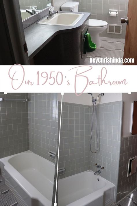 A close look at our 1950's bathroom before we remodeled. 1940s Black And White Bathroom, Vinyl Wrap Bathroom Counter, 1970 Bathroom Remodel Before And After, Vintage Tile Bathroom Makeover, 50s Bathroom Tile, 1950s Bathroom Update, 1960 Bathroom Remodel, Apartment Before And After, 50s Bathroom Remodel