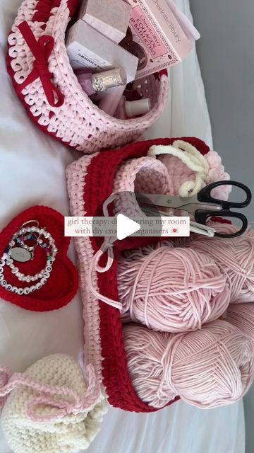 mahum on Instagram: "crochet projects that are cute & functional >> tutorial is on my yt - search “the EASIEST way to crochet diy organisers (any size!)”  diy organisers in this video: basket for storing makeup, cute pouches with drawstrings you can tie into a bow, heart-shaped tray for jewellery & trinkets, pencil holder for crochet hooks & stationary, box with divider to store yarns & other craft supplies   🏷 #crochet #crochetideas #crocheteveryday #crochetinspiration #crocheted #crocheting #crochetaccessories #roomdecor" Organisation, Crochet Heart Basket, Crochet Organization, Crochet Tray, Cute Pouches, Makeup Basket, Crochet Hook Organizer, Storing Makeup, Crochet Organizer