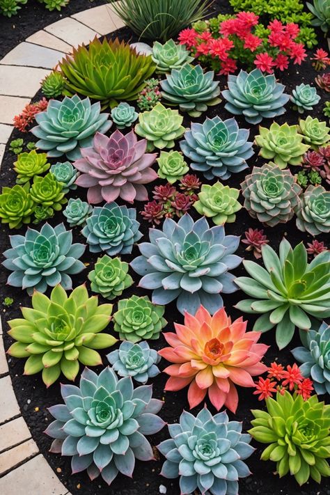 20 Succulent Landscape Design Ideas For Your Yard - Toolz Geek Colorful Succulents Garden, Succulents Garden Outdoor Front Yards, Succulent Landscaping Ideas, Succulent Rock Garden Landscaping, Succulent Garden Bed, Succulent Yard, Small Fairy Garden, Bathroom Theme Ideas, Succulent Landscaping Front Yard