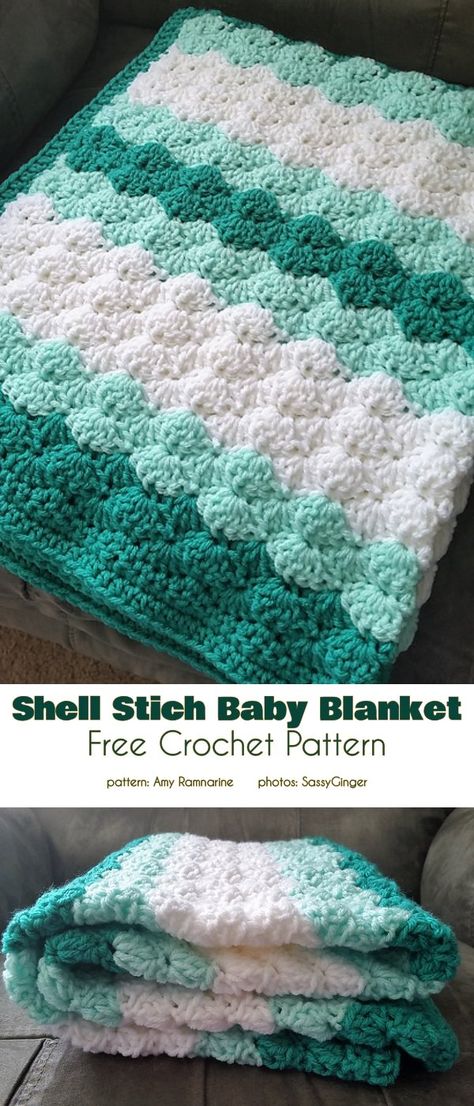 Shell Stitch Baby Blanket, Ripple Afghan, Crochet Baby Blanket Free Pattern, Crochet Shell Stitch, Crocheted Blanket, Crochet Afgans, Crochet For Beginners Blanket, Crochet Throw Blanket, Baby Afghan Crochet