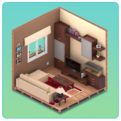 Isometric living room for game.  Maked in 3dmax and rendered in mental ray. Isometric Living Room, 3d Living Room, Interior Design Games, Design Games, 3d Interior Design, Isometric Art, Bedroom Setup, Isometric Design, Isometric Illustration