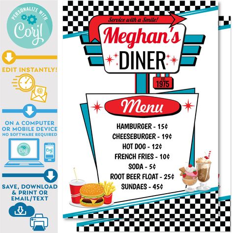 Diner Menu Template Diner Menu Ideas, Retro Concept, 1950s Diner, Yellow Poster, Diner Menu, Diner Party, Cv Inspiration, Diner Sign, 50s Diner