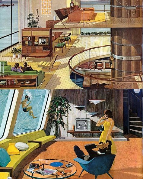 house design insp Charles Schridde, Futurism Interior Design, Retro Futurism Interior Design, Retro Futurism Interior, Futuristic Interior Design, Arte Pulp, Retro Kunst, Futuristic Home, Retro Interior Design