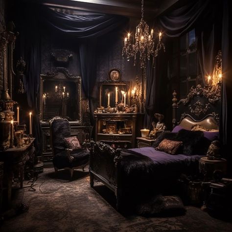 Dark Bedroom Vintage, Bedroom Gothic Victorian, Victorian Dark Bedroom, Vampire Gothic Bedroom, Victorian Purple Bedroom, Gothic Bedroom Victorian, Purple Victorian Room, Gothic Vampire Room, Gothic Victorian Maximalism