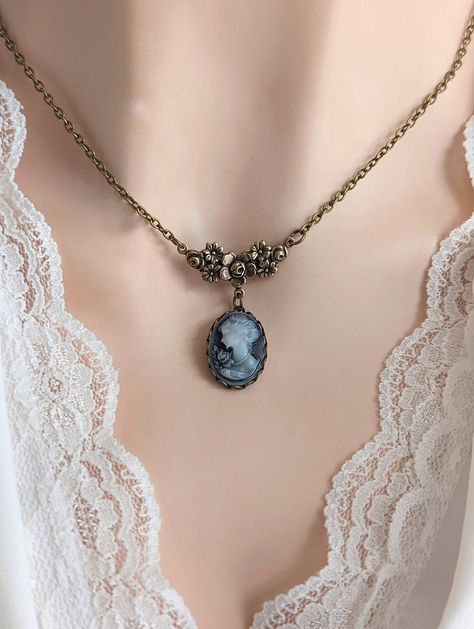 Blue Cameo Necklace, Lady Portrait Jewelry, Vintage Style Pendant, Something Blue for Bride, Gift for Her, Historical Costume by PapillionEra on Etsy Broaches Vintage, Victorian Jewelry Necklace, 1800s Jewelry, Something Blue For Bride, Antique Jewelry Victorian, Old Necklace, Portrait Jewelry, Lovely Grey, Victorian Style Jewelry