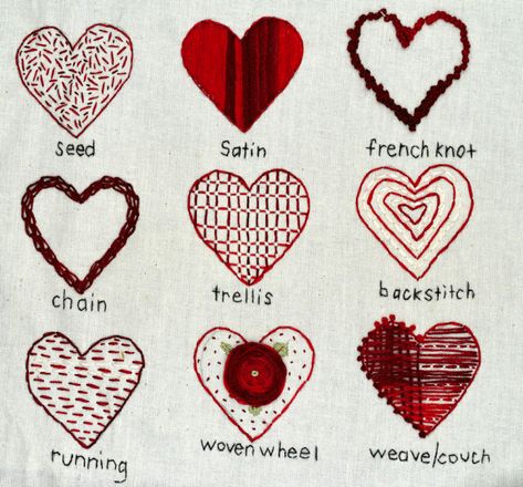 NINE FUN WAYS TO EMBROIDER VALENTINE HEARTS! — Pam Ash Designs Embroidery Heart Designs, Embroidery Heart Pattern, Valentines Embroidery, Valentines Embroidery Designs, Embroidery Heart, Valentine Embroidery, Embroidery Hearts, Embroidery Sampler, Heart Designs
