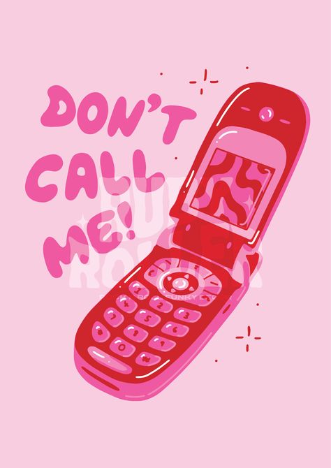 Don't call me! 90s/Y2K inspired red/pink/grey illustration of an early 2000s flip phone with the bubble text typography "don't call me" and 60s swirl pattern screen. 170gsm matte art print, packaged with cardboard, a cello bag and a sticker. For sizing, I offer A3, A4 and A5 prints - please refer to the measurements below when placing an order (A5 may slightly differ as they are cut by hand):A5 : 5.8” x 8.3” (148 x 210mm) (14.8 x 21cm)A4 : 8.27” × 11.69” (210 × 297mm) (21 x 29.7cm)A3 : 11.7” x 1 Printable Wall Collage, Bedroom Wall Collage, Flip Phone, Phone Art, Dont Call Me, Preppy Wallpaper, Picture Collage Wall, Art Collage Wall, Picture Collage