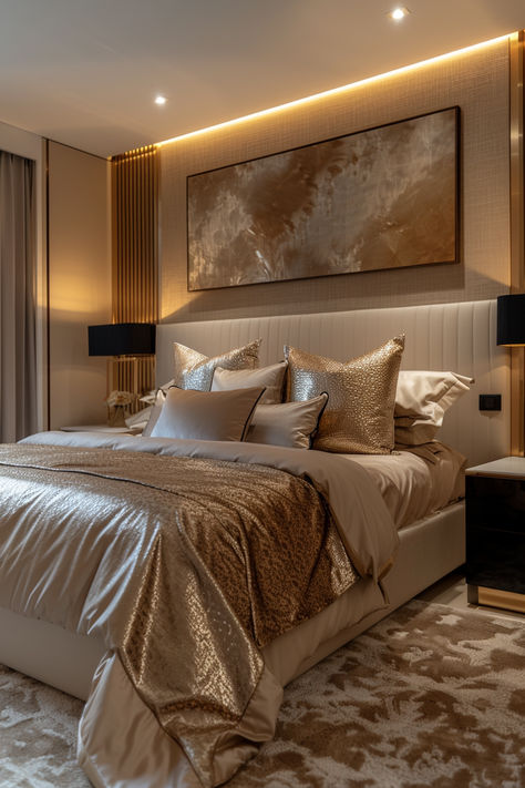 interior design, modern luxury bedroom room inspo, modern luxury home decor, bedroom decor Ceo Bedroom Aesthetic, Lux Guest Bedroom, Big Bedroom Aesthetic Luxury, Bedframe Ideas Modern Luxury, Bedroom Vision Board Interior Design, Cheetah Bedroom Ideas, Modern Master Bedrooms Decor Luxury, Brown And Gold Bedroom, Rich Bedroom Aesthetic