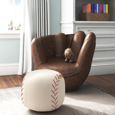 Boys Baseball Bedding, Baseball Glove Chair, Sports Theme Living Room, Boys Sports Game Room, Baseball Themed Rooms For Boys, Baseball Theme Bedroom For Boys, Modern Baseball Bedroom, Sports Theme Bedroom For Boys, Rustic Baseball Room