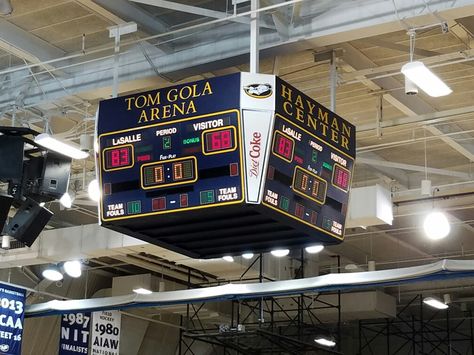 The final scoreboard at the Tom Gola Arena on the campus of Lasalle University displays the final score of the February 18 matchup: 83-68 in favor of the Lasalle University Explorers. Sports, University, Basketball, Philadelphia, Lasalle University, Bat Eyes, Basketball Scoreboard, Philadelphia Sports, Bat