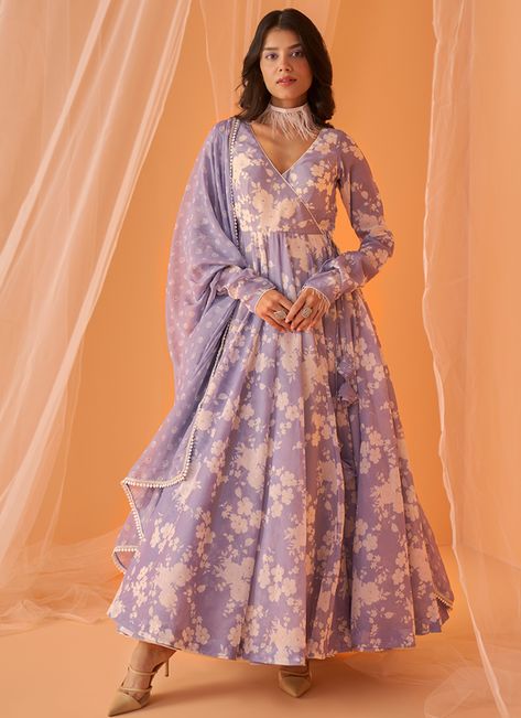 Floral Anarkali Dresses, Dusty Periwinkle, Floral Print Anarkali, Floral Anarkali, Anarkali Dresses, Designer Anarkali Dresses, Printed Anarkali, Lehenga Designs Simple, Anarkali Dress Pattern