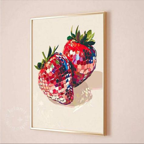 All Orders Ship Next Business Day! Disco Strawberries Canvas Print (Frame Not Included) Conditions: Nwt The Color Is Cream And Red Size 40cm X 60cm These Are Not Typical Posters As They Are Made Of Canvas Paper Which Is Very Durable And Non Rippable. Trendy, Disco, Cocktail, Champagne, Poster, Vintage, Print, Canvas, Magazine, Painting, Bar, Club, Wall, Art, Picture, Living Room, Decor, Retro, Horror Movies, Celebrity, Void, Trendy, Dollhouse, Crybaby, Portals, Preppy Strawberry Disco Ball, Disco Wall Art, Disco Ball Art, Disco Ball Poster, Modern Art Room, Disco Wall, Strawberry Pictures, Playful Artwork, Strawberry Art