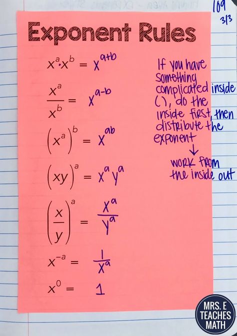 exponent rules for algebra Math College, Exponent Rules, Studie Hacks, Learn Math, Learning Mathematics, Math Vocabulary, Math Formulas, 8th Grade Math, Studying Math