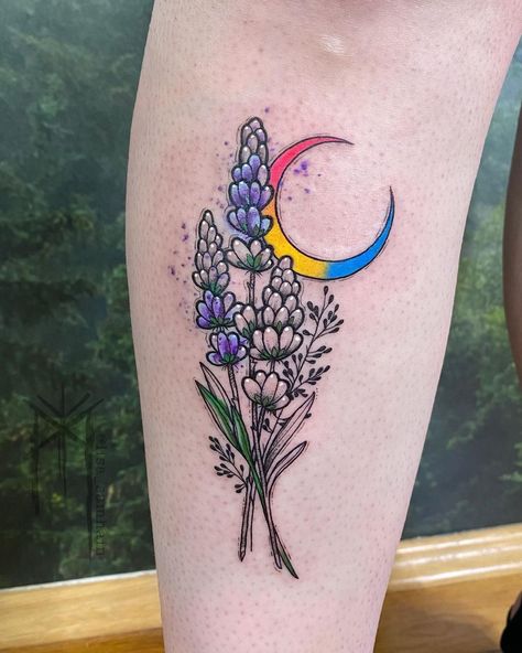 Lavender And Violet Tattoo, Lavender Menace Tattoo, Pansexual Tattoo Ideas, Samhain Tattoo, Pansexual Tattoo, Pride Tattoo Ideas, Queer Tattoos, Violet Tattoo, Lavender Design