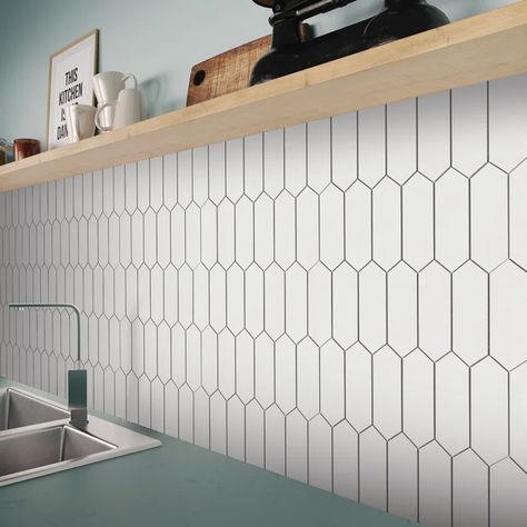 Sunwings 11" x 11.2" Stone Composite Peel & Stick Mosaic Tile & Reviews | Wayfair Stick On Backsplash Tiles, Kitchen Stick On Tiles, Retro Tiles Kitchen, White Backsplash With Black Grout, Peal And Stick Tile, Stick And Peel Backsplash, Colored Backsplash, Camper Revamp, Peel And Stick Mosaic Tile