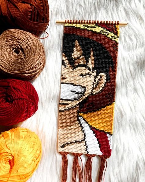 How To Make Alpha Pattern Bracelets, One Piece Luffy Embroidery, Crochet Luffy One Piece Pattern, One Piece Crochet Tapestry, Luffy Alpha Pattern, One Piece Tapestry Crochet, One Piece Crafts Anime, Anime Crochet Tapestry, One Piece Alpha Pattern