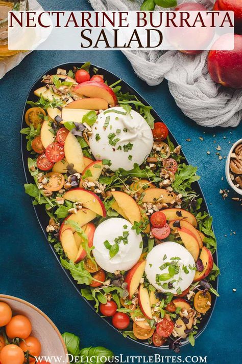 This stunning Nectarine Burrata Salad bursts with flavor, combining juicy nectarines, peppery arugula, and creamy burrata. A simple balsamic honey vinaigrette adds a touch of sweetness, and the whole dish comes together in minutes. It's the perfect light and refreshing option for any summer gathering. Nectarine Burrata Salad, Bursts Appetizer, Bursts Salad, Fancy Salad, Nectarine Salad, Honey Vinaigrette, Fancy Salads, Burrata Salad, Salads For A Crowd