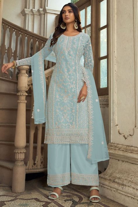 Mint Blue Heavy Butterfly Net Palazzo Suit Designer Suits Online, Butterfly Net, Suit Collection, Palazzo Suit, Pakistani Salwar Kameez, Blue Embroidery, Pakistani Suits, Net Dupatta, Mint Blue