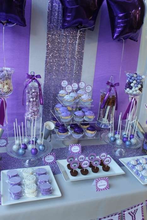 Butterfly Purple Birthday Party, Purple Birthday Party Decorations Sweet 16, Lilac And Black Party Decorations, Purple Party Decorations Birthday Ideas, Purple And Silver Dessert Table, Birthday Party Food Purple, Purple Party Ideas For Adults, Sweet 16 Dessert Table Ideas Purple, Purple Quince Snack Table