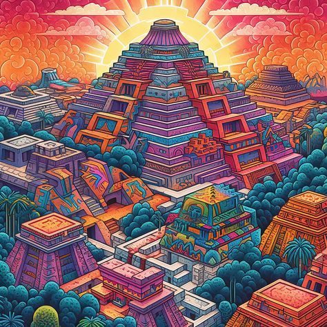 Aztec Buildings, Mexican Pyramids, Maya Pyramid, Mayan Pyramids, Aztec City, Pyramid Art, Mayan Architecture, Aztec Pyramids, Aztec Drawing