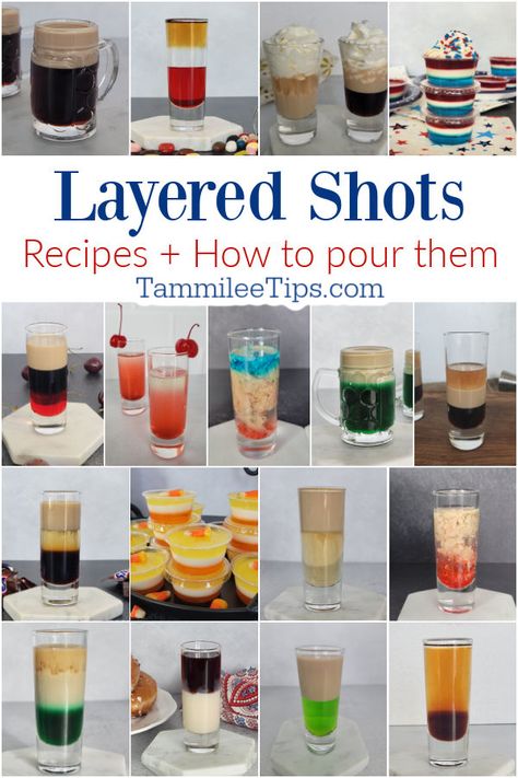 Complete Guide to Layered Shots and how to pour them perfectly! These layered shot recipes are great for parties, holidays, or when you want to try a new cocktail shooter. Layered Shots Alcohol, Layered Shots Recipes, Baileys Shots, Mini Beer Shots, Bailey Shots, Bartending Ideas, Easy Shot Recipes, Candy Corn Jello Shots, Layered Shots