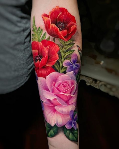 Floral Sleeve Tattoo Color Realistic, Colored Floral Tattoo Design, Vibrant Floral Tattoo, Watercolor Morning Glory Tattoo, Colorful Flower Tattoos For Women, Flower And Lace Tattoo Sleeve, Forearm Tattoo Women Color, Flower Tattoos Sleeve Colorful, Colored Flower Tattoos Sleeve