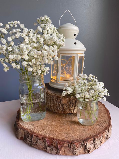 Wedding Centrepieces Lanterns, Mason Jars With Babysbreath, Mason Jar Fairy Light Wedding Centerpieces, Mason Jars And Fairy Lights, Glass Vase With Lights, Lantern Centerpieces Fairy Lights, Fairy Light In Jar, Rustic Wedding Centerpieces Mason Jars Fairy Lights, Small Lantern Centerpiece Wedding