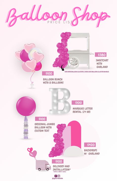 Transform Your Balloon Business with Our Editable Balloon Menu Templates! 🎈 Perfect for Balloon Artists. Bring your balloon decor vision to life and wow your clients with professional pricing and presentation. Download now and elevate your event styling business! #BalloonMenu #BalloonMockup #BalloonDecor #sweetcart #MarqueeLetters #Backdrops #EditableMenu #CanvaTemplates #BalloonArch #BalloonArtist #BalloonGarland #WeddingStyling #PartyDecor Balloon Menu Pricing, Balloon Garland Pricing, Balloon Pricing Guide, Balloon Pricing, Ballon Business, Balloon Room, Birthday Setup, Balloon Bar, Styling Business