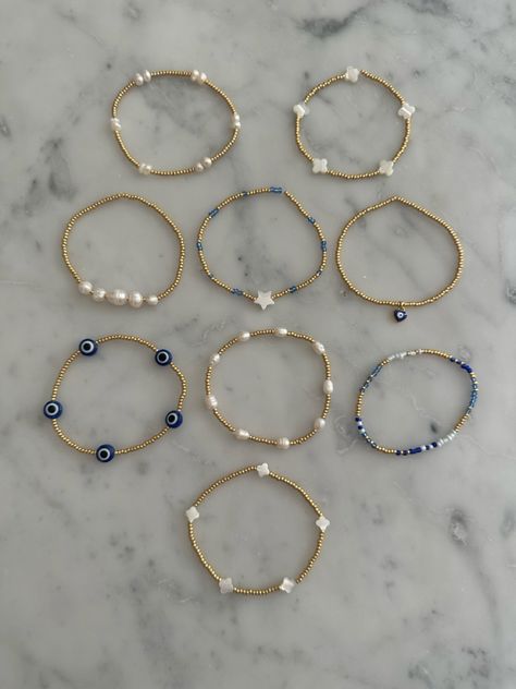 Bracelets Gold Bead, Girly Beaded Bracelets, Preppy Jewelry Beaded, Blue And Gold Beaded Bracelets, Preppy Gold Bracelet, Bracelet Inspo Preppy, Where To Buy Bracelets, Good Bracelet Stack, Stack Bead Bracelets