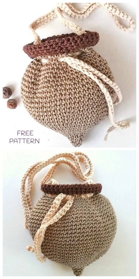 Crochet Acorn Pouch Bag Free Crochet Pattern Crochet Free Patterns, Crocheted Purses, Bag Free Crochet Pattern, Crochet Patron, Yarn Bag, Crochet Fall, Crochet Lovers, Diy Crochet Projects, Crochet Free