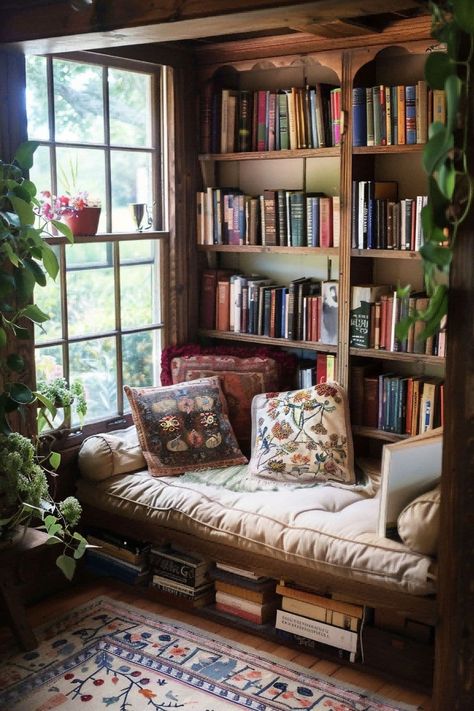 Cozy Chair For Reading, Cozy Reading Nook Floor, Reading Nook Cottagecore, Book Room Inspiration, Boho Book Room, Small Colonial Living Room Ideas, Bedroom Bookcase Ideas Aesthetic, Cozy European Cottage, Reading Nook Aesthetic Cozy