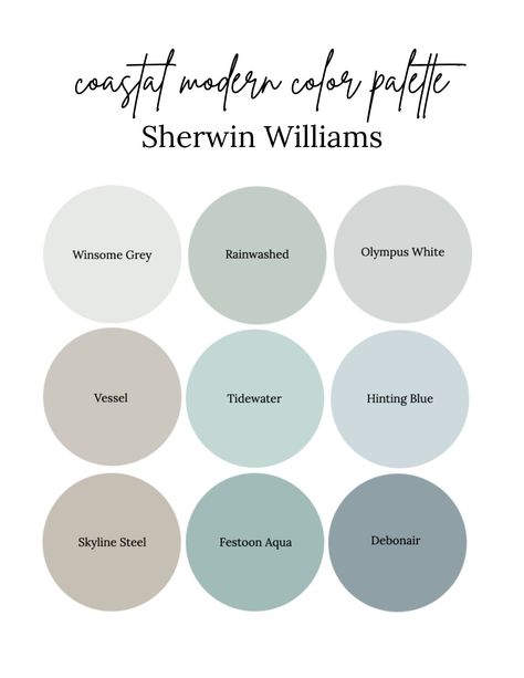 Coastal Color Palette 2023, Beach House Neutral Paint Colors, Coastal Paint Schemes, Tropical Oasis Paint Color, Beach House Wainscoting Ideas, Modern Coastal Palette, Country Room Colors, Coastal Bathroom Paint Ideas, Coastal Chic Paint Colors