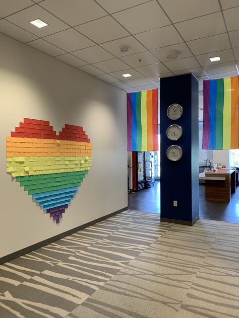 Pride Art Installation, Lgbtq Party Ideas, Pride Work Ideas, Pride Month Office Decor, Pride Classroom Decor, Pride Office Decor, Pride Month Decorations Diy, Lgbtq Decoration Ideas, Pride Decorations Party