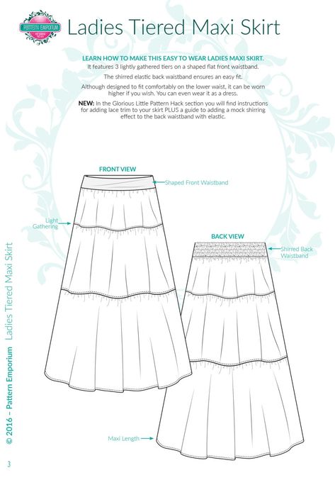 "This listing is for a PDF Pattern/Tutorial for a ladies maxi skirt.  It features 3 lightly gathered tiers on a shaped flat front waistband and a shirred elastic back waistband ensuring an easy fit. It is designed to sit comfortably on the lower waist but can be worn higher if you wish. Included are: - Instructions to add lace trim - Instructions for mock shirring - Standards sizes in both cms & inches - Australia Sizes 6-22 (hip/seat 85-125cm or 33 1/2 - 49 1/2 inches)  Also included are: - Tip Layered Skirt Pattern, Long Skirt Sewing Pattern, Maxi Skirt Sewing, Boho Skirt Pattern, Sew Maxi Skirts, Maxi Skirt Sewing Pattern, Tiered Skirt Pattern, Skirts Patterns, Pattern Emporium