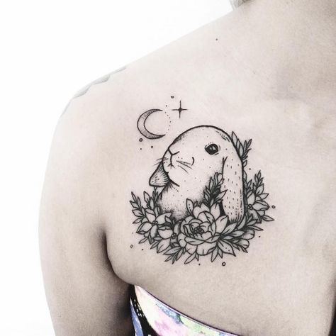 Rabbit Flowers Tattoo, Black And White Bunny Tattoo, Rabbit Memorial Tattoo, Moon Bunny Tattoo, Moon Rabbit Tattoo, Bunny Tattoo Cute, Rabbit Tattoo Design, Hase Tattoos, Black Ink Tattoo