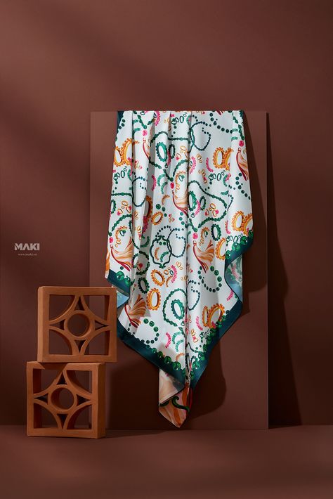 Yeu Dieu - Thuy Design House on Behance Textile Product Photography, Scarf Product Photography, Clothing Product Photography Ideas, Textile Photography, Scarf Fashion Photography, Scarf Photography, Print Scarf Design, Scarf Display, Creative Desks