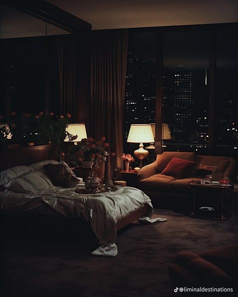 Dark 80s Interior Design, Nighttime Bedroom Aesthetic, 80s Nyc Apartment, 80s New York Apartment, 90s New York Apartment, 80s Penthouse Aesthetic, 90s Penthouse, Paris Aesthetic Apartment, Penthouse Bedroom Aesthetic