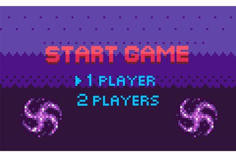 Start game, choose player, space pixel game in purple color decorated by stars, screen of war video-game with wye sign, shine element, adventure vector, menu for pixelated app games Pixel Video Game Aesthetic, Game Start Screen, Start Game, Pixel Game, Start Screen, Banner Design Inspiration, Space Games, App Games, Pixel Games