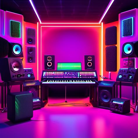 creates an image of an audio recording studio, surrounded by realistic sound effects tools, futuristic, neon colors Studio Setup Background, Neon Recording Studio, Recording Studio Bedroom Ideas, Neon Music Studio, Music Recording Studio Aesthetic, Music Studio Decor Interior Design, Dj Setup Ideas Home, Music Studio Room Luxury, Podcast Studio Aesthetic