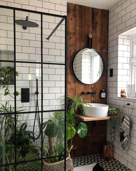 Shower And Clawfoot Tub Side By Side, Sage And Wood Bathroom, Bathroom Brown Countertop, Small Bathroom With Walk In Shower Ideas, Small Bathrooms Designs, Jungle Bathroom, Makeover Kamar Mandi, Home Aesthetics, Bohemian Bathroom